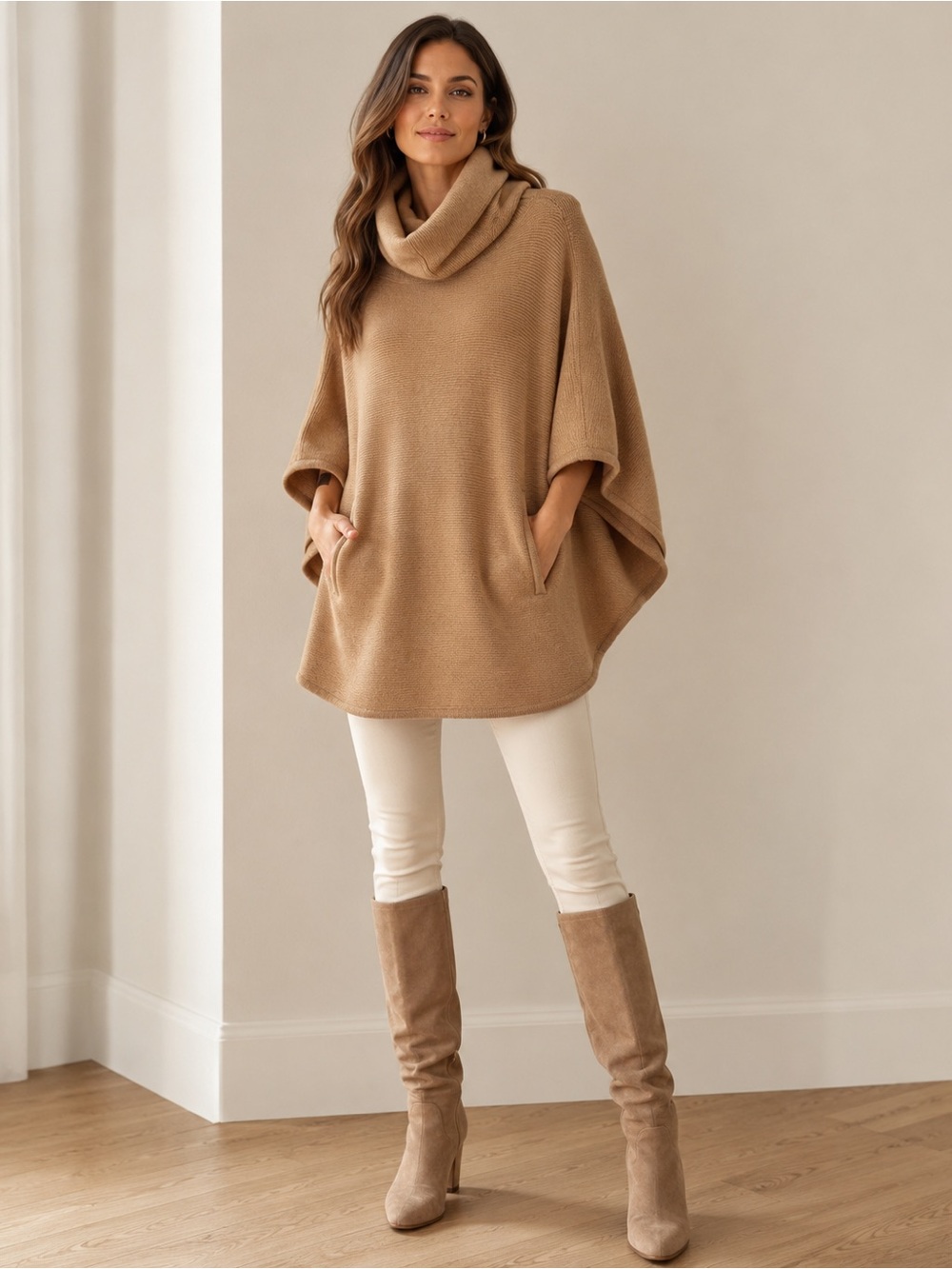 Ralph Lauren 100% Cashmere Camel Cowl Neck Poncho Sweater Tunic Small